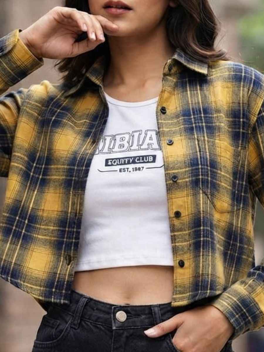 quity Club Graphic White Crop Top  Yellow Plaid Jacket Set