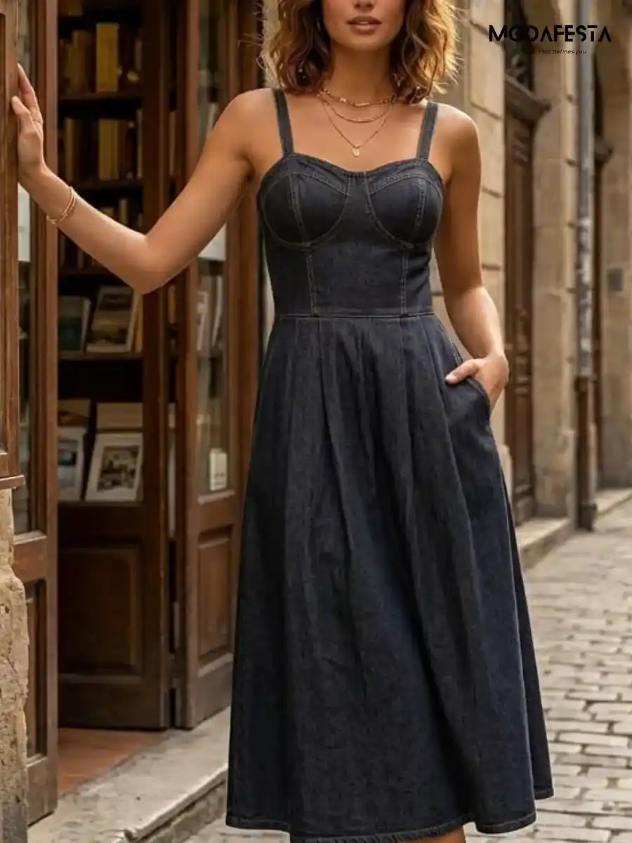 Elegant Denim Bustier Midi Dress