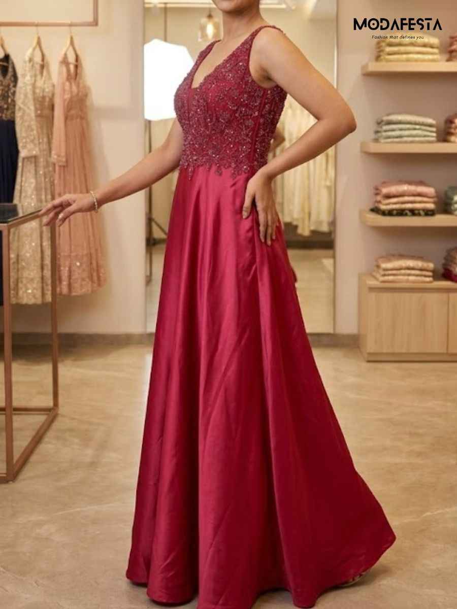 ModaFesta -elegant-v-neck-embellished-a-line-party-gown-red