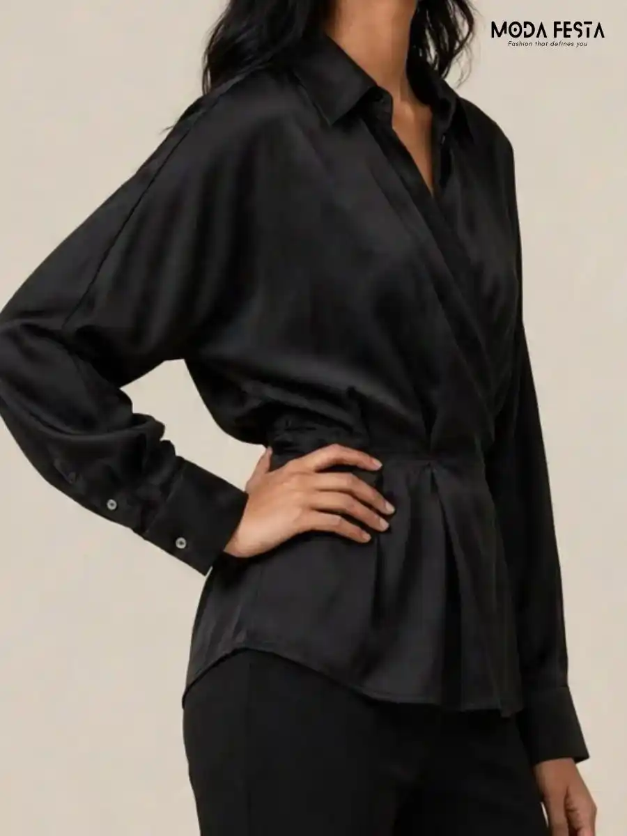 ModaFesta -black-satin-wrap-style-collared-long-sleeve-top