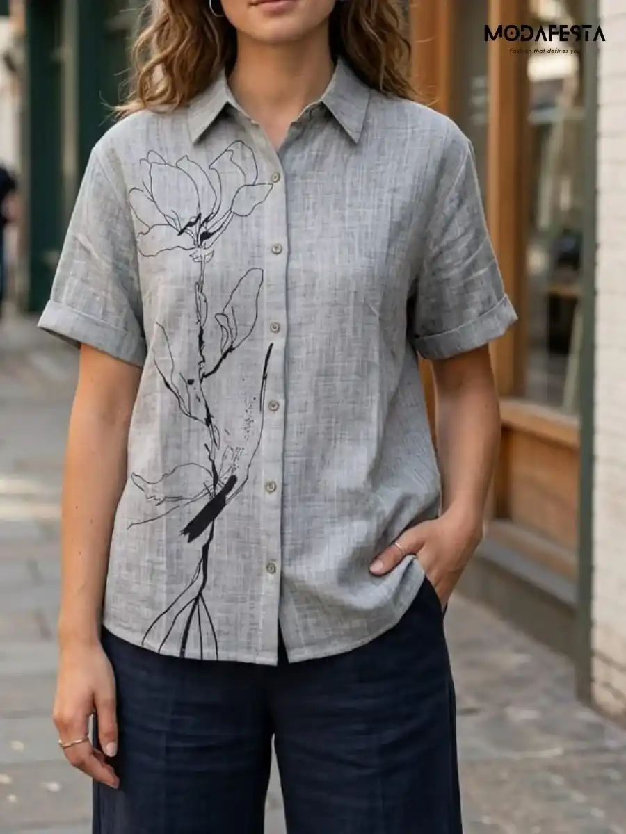 ModaFesta -classy-graphic-floral-long-linen-shirt-gery