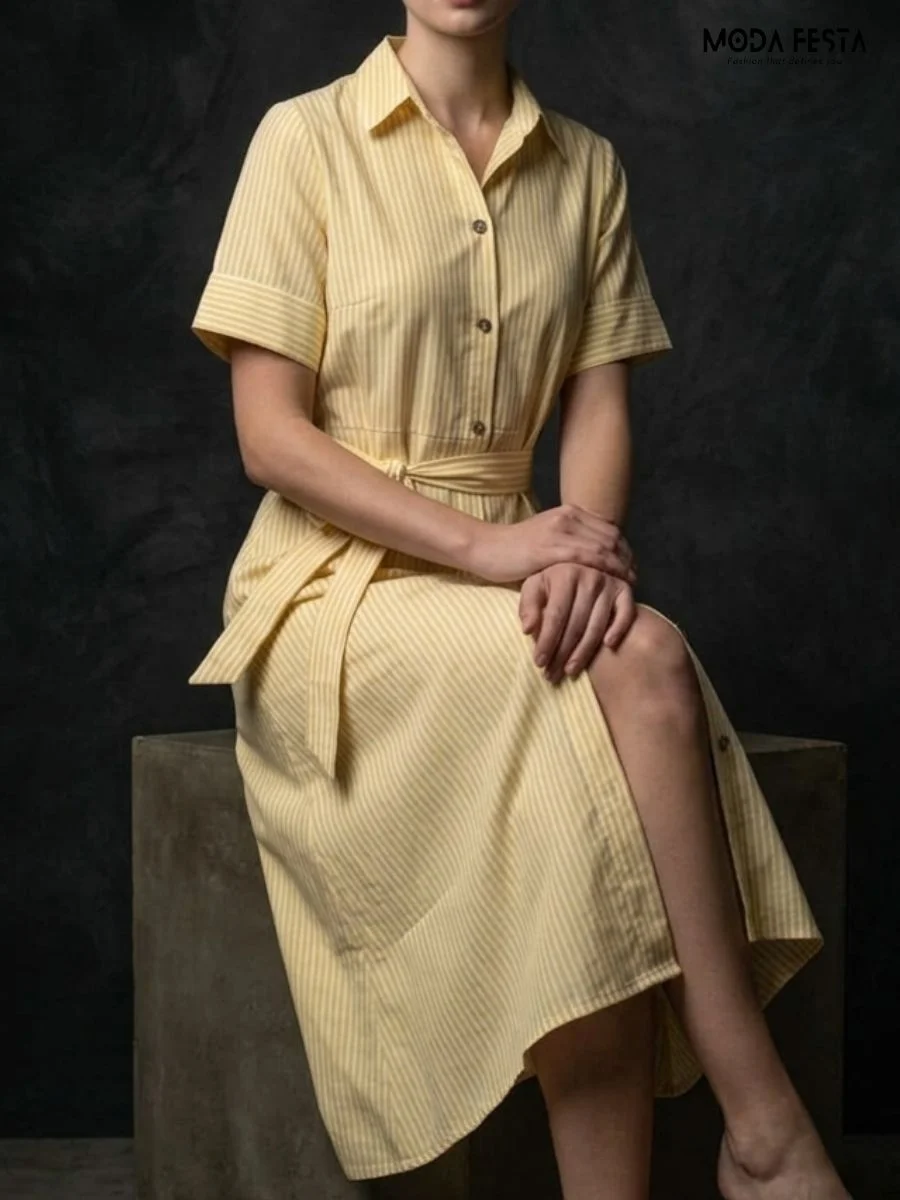 ModaFesta -yellow-and-white-vertical-striped-shirt-dress