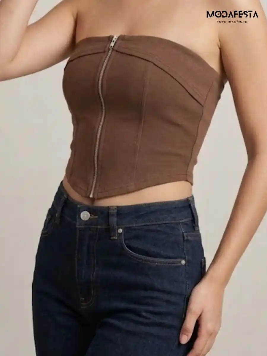 ModaFesta -elegant-zipper-crop-tube-brown