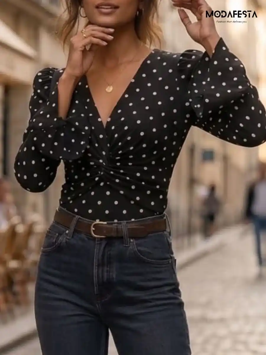 ModaFesta -stylish-v-neck-polka-dot-top-black