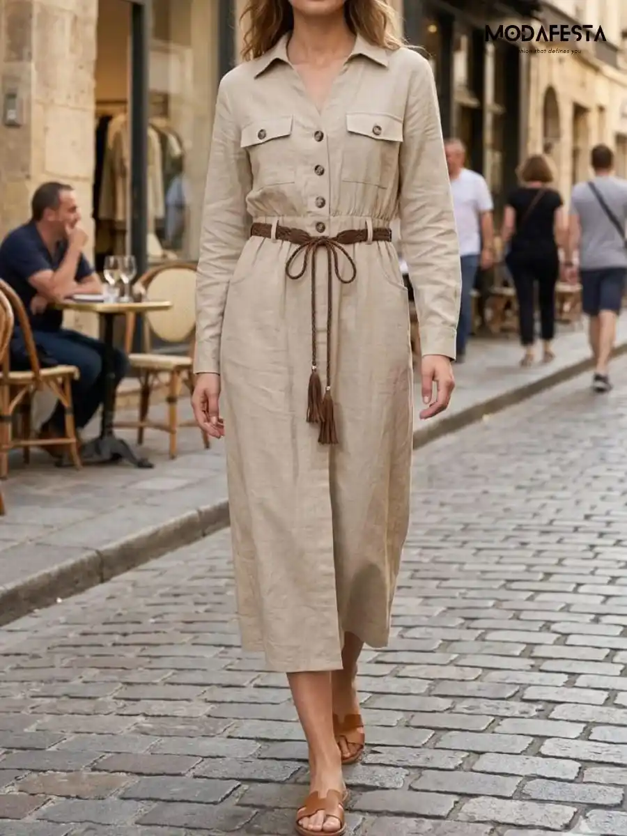 ModaFesta -elegant-linen-cotton-dress-with-belt-beige