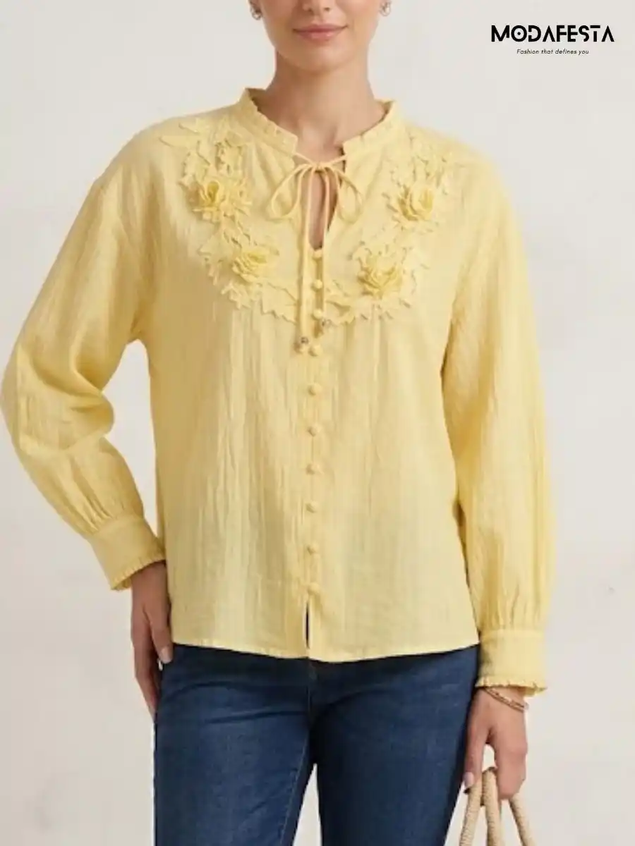 ModaFesta -elegant-v-neck-floral-top-1-yellow