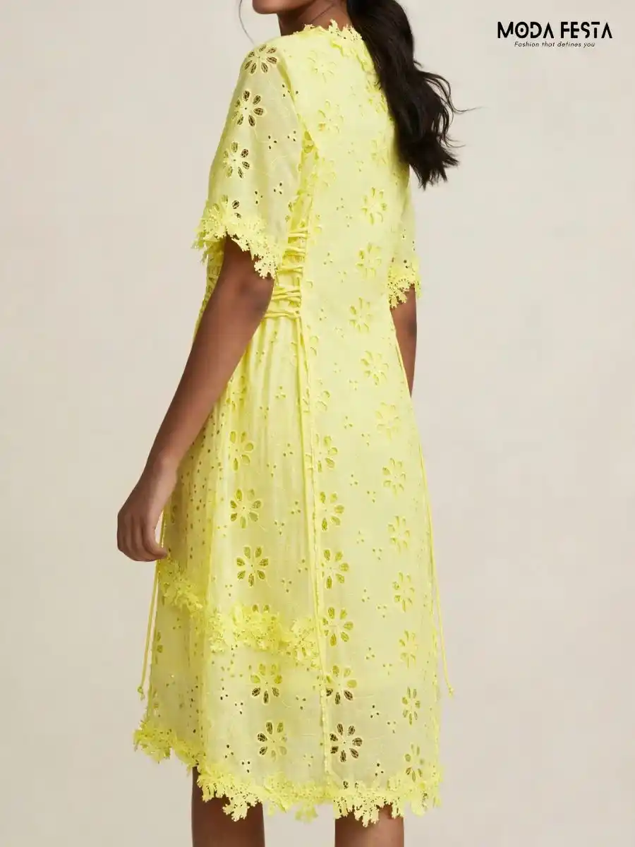 ModaFesta -yellow-laser-cut-eyelet-dress