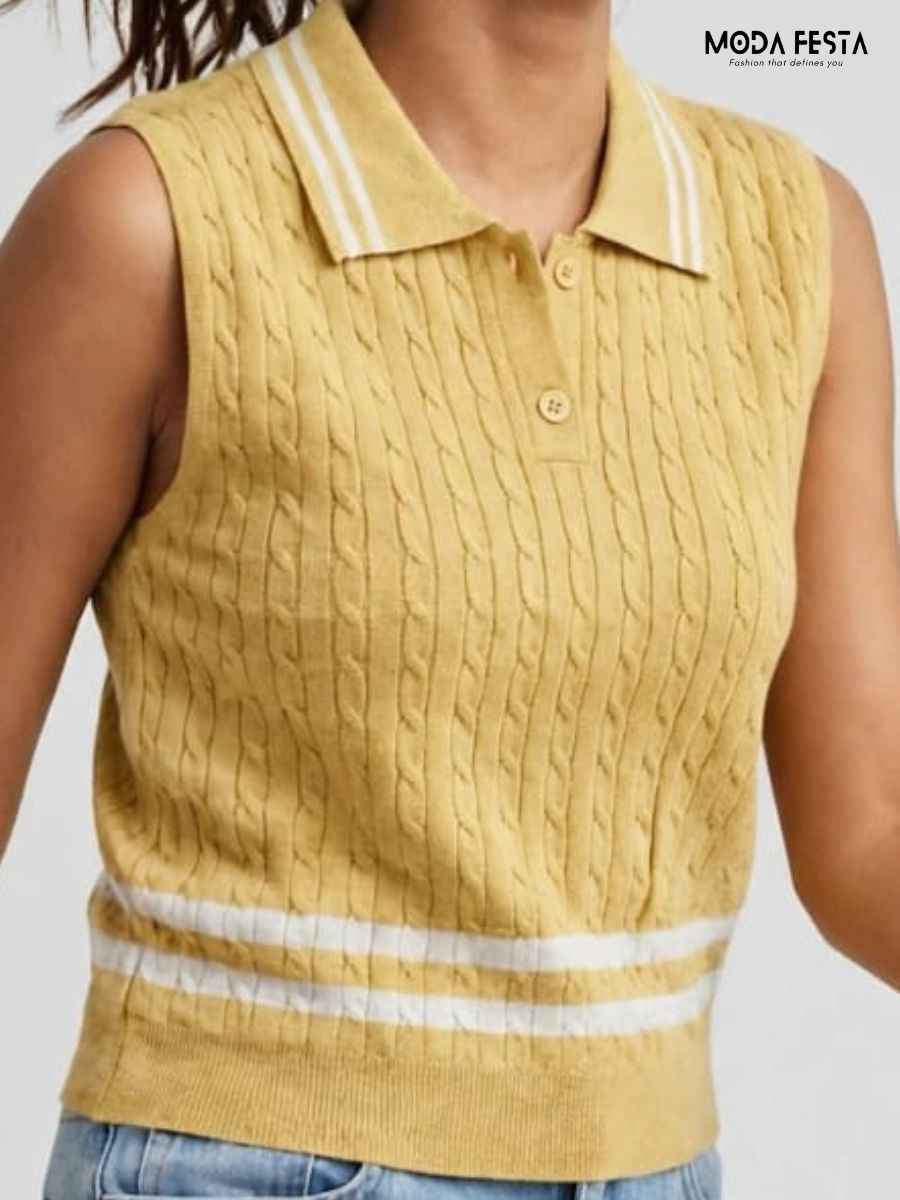 ModaFesta -mustard-yellow-white-striped-cable-knit-sleeveless-polo-top
