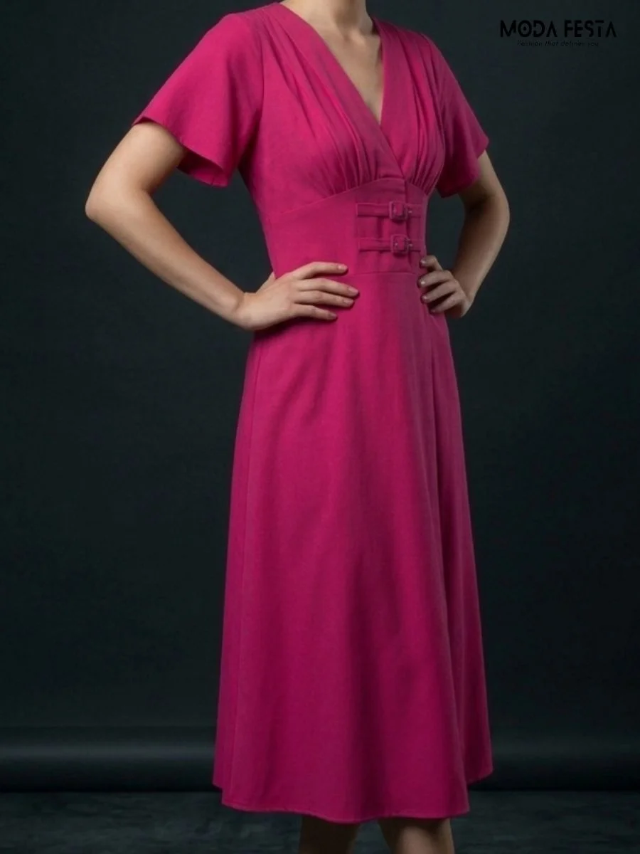 ModaFesta -fuchsia-pink-v-neck-midi-dress