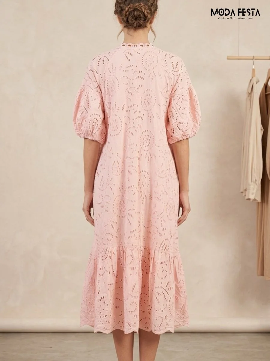 ModaFesta -peach-scallop=eyelet-dress