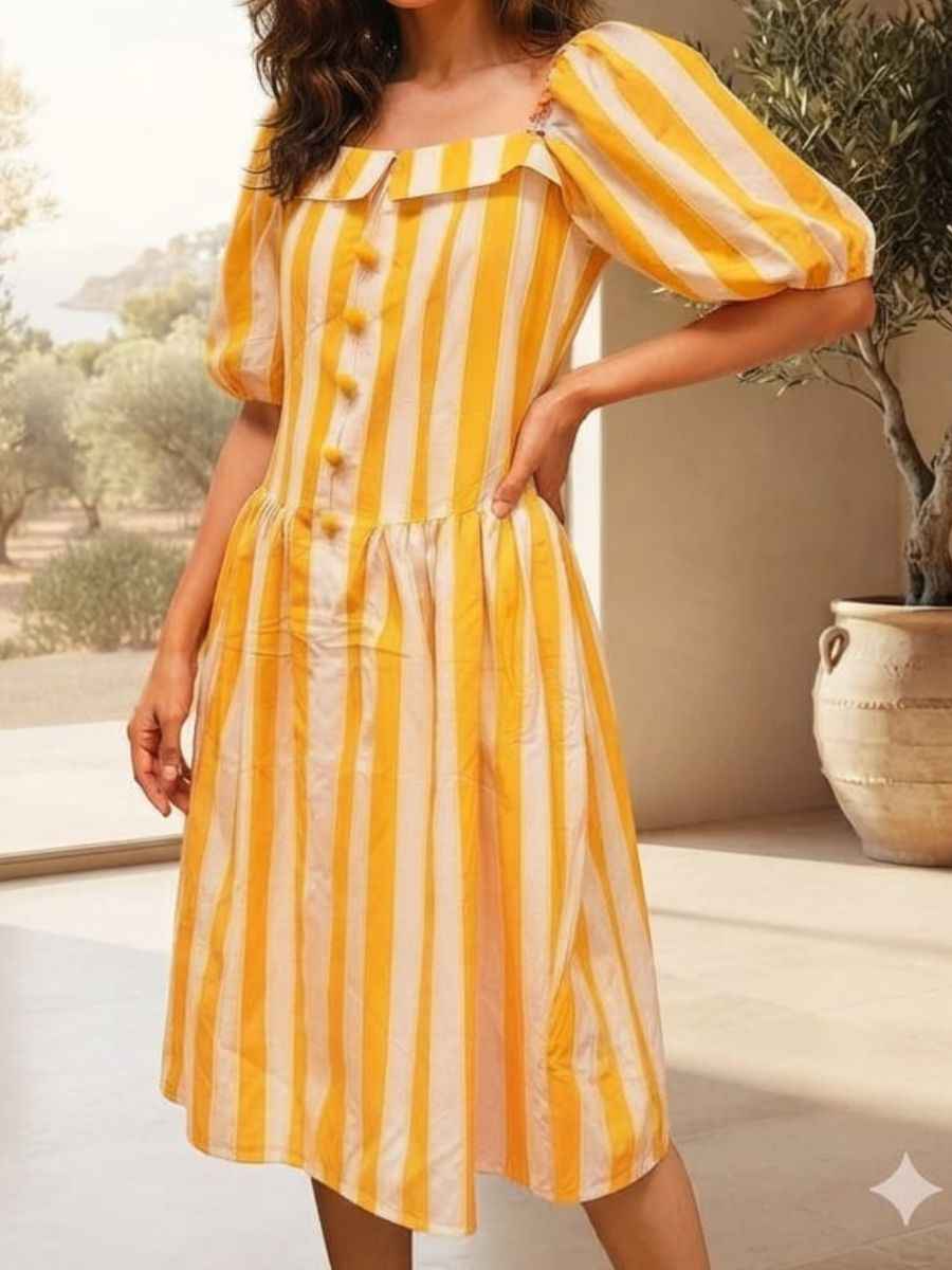 ModaFesta -yellow-white-striped-puff-sleeve-midi-dress