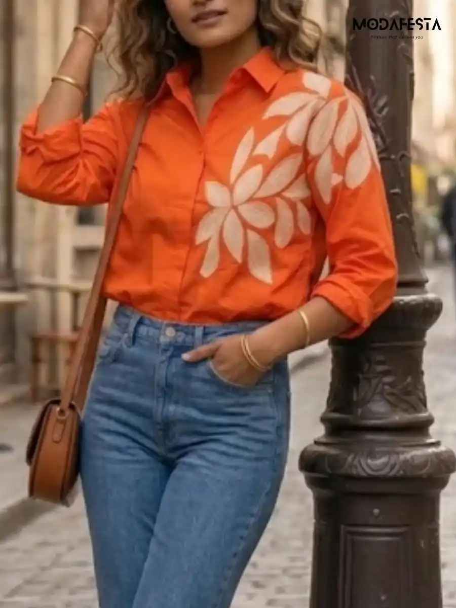 ModaFesta -elegant-floral-print-shirt-work-on-shoulder-orange