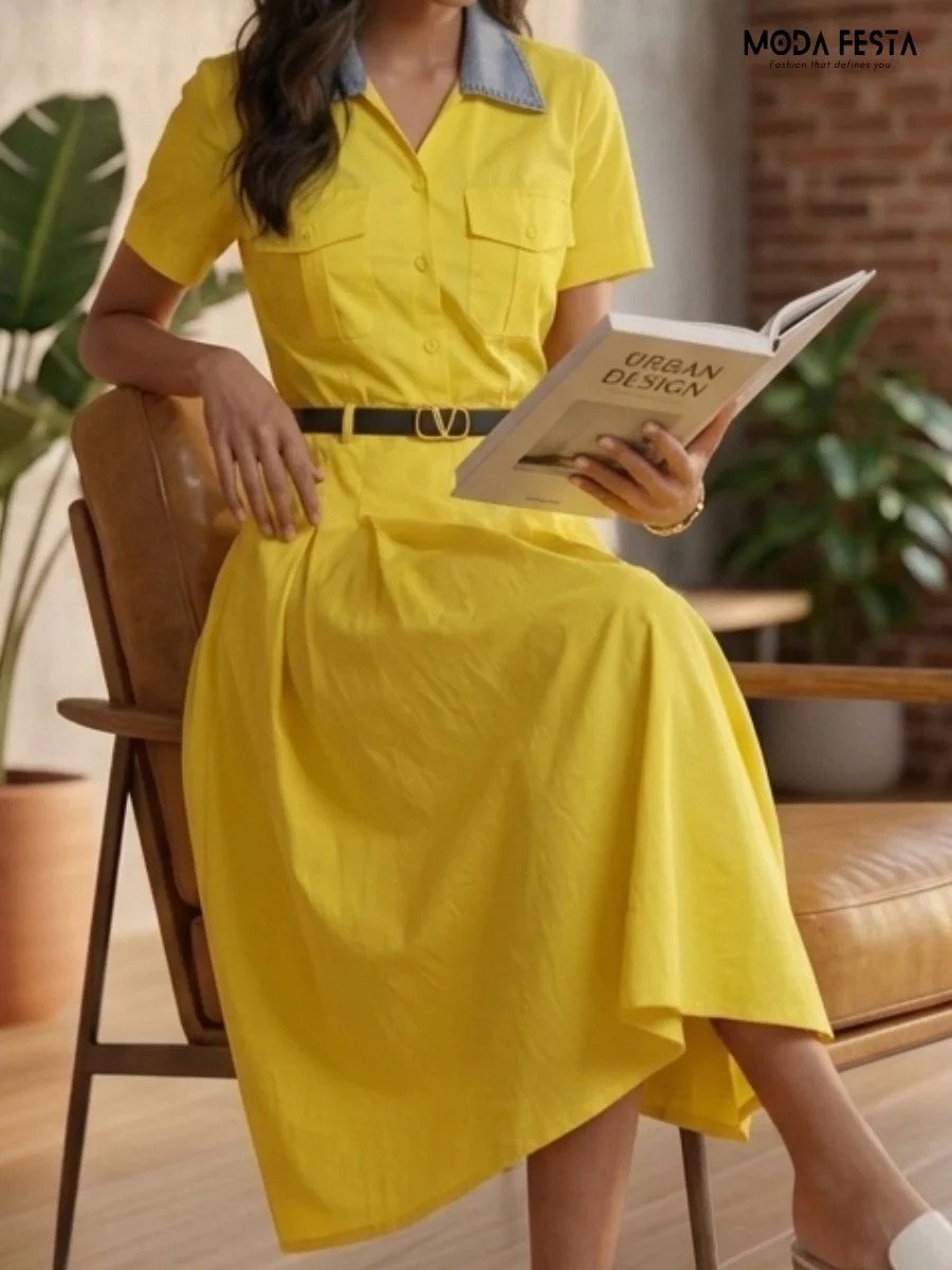 ModaFesta -yellow-button-down-shirt-dress-with-a-denim-collar