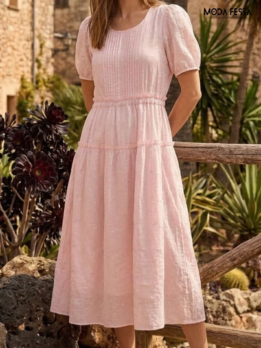 ModaFesta -pink-tiered-midi-dress-with-puff-sleeves
