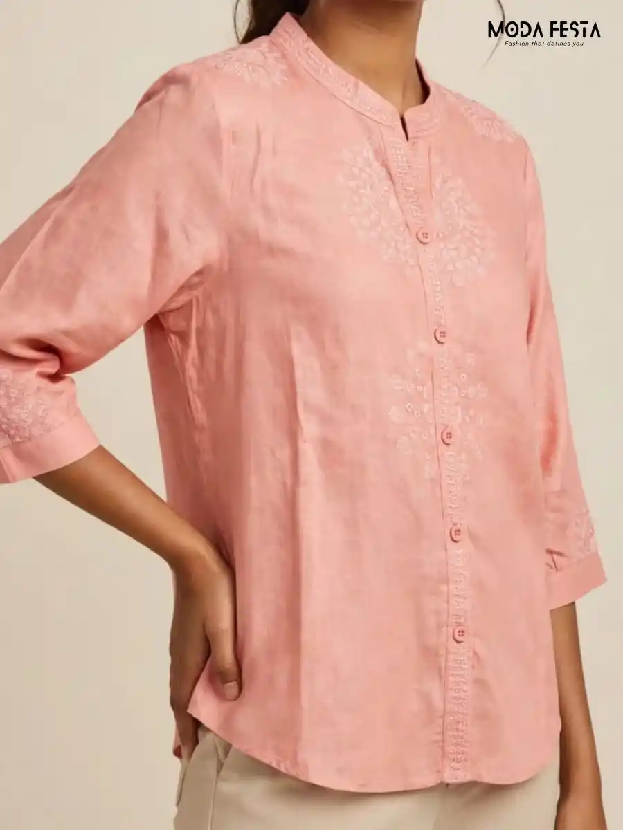 ModaFesta -peach-embroidered-mandarin-collar-button-down-top