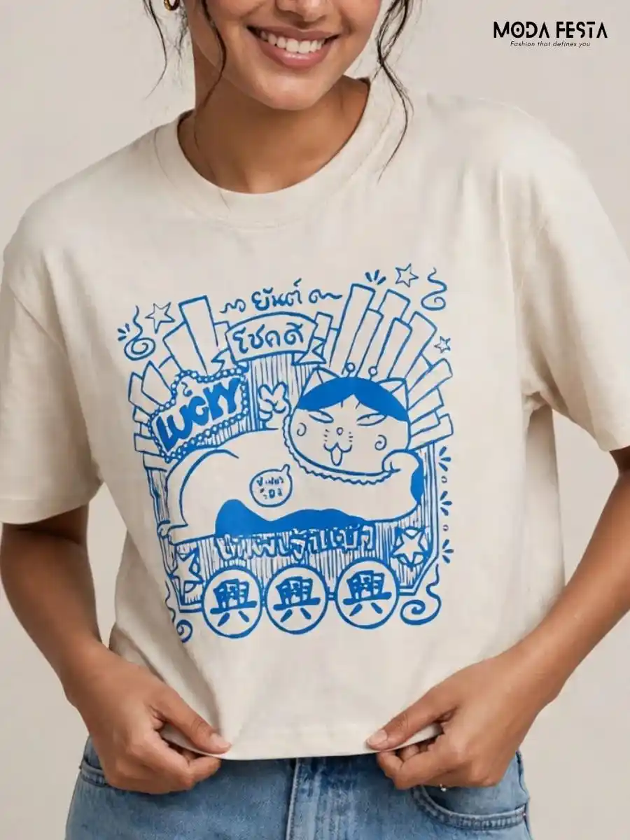 ModaFesta -lucky-cat-graphic-print-crop-t-shirt