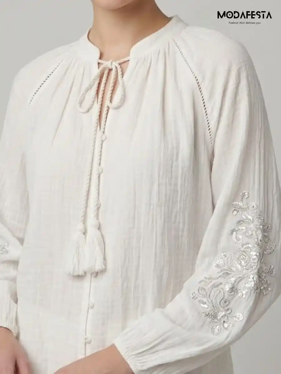 ModaFesta -elegant-v-neck-top-embroidered-work-on-sleeve-white