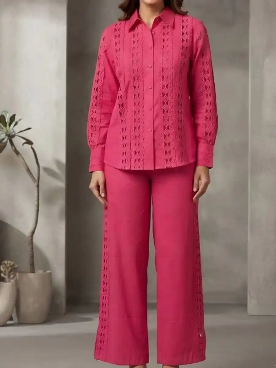 Fuchsia Intricate Cutwork Detailed Shirt and Wide-Leg Pants Co-ord Set