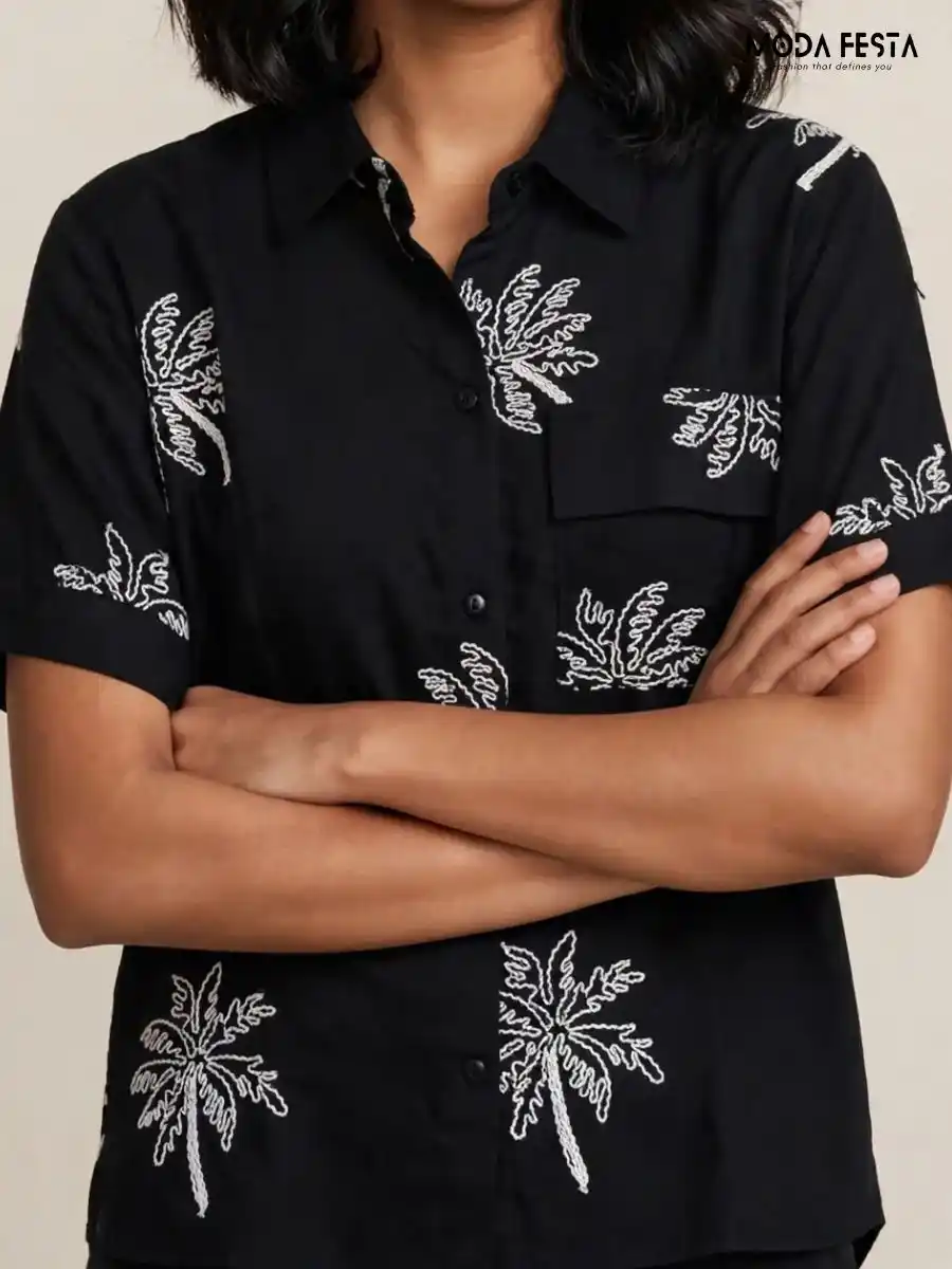 ModaFesta -black-palm-tree-embroidered-casual-shirt