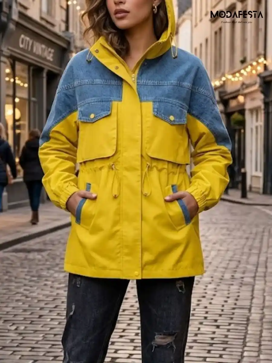 ModaFesta -elegant-denim-with-parachute-fabric-hoodie-jacket-neon-green