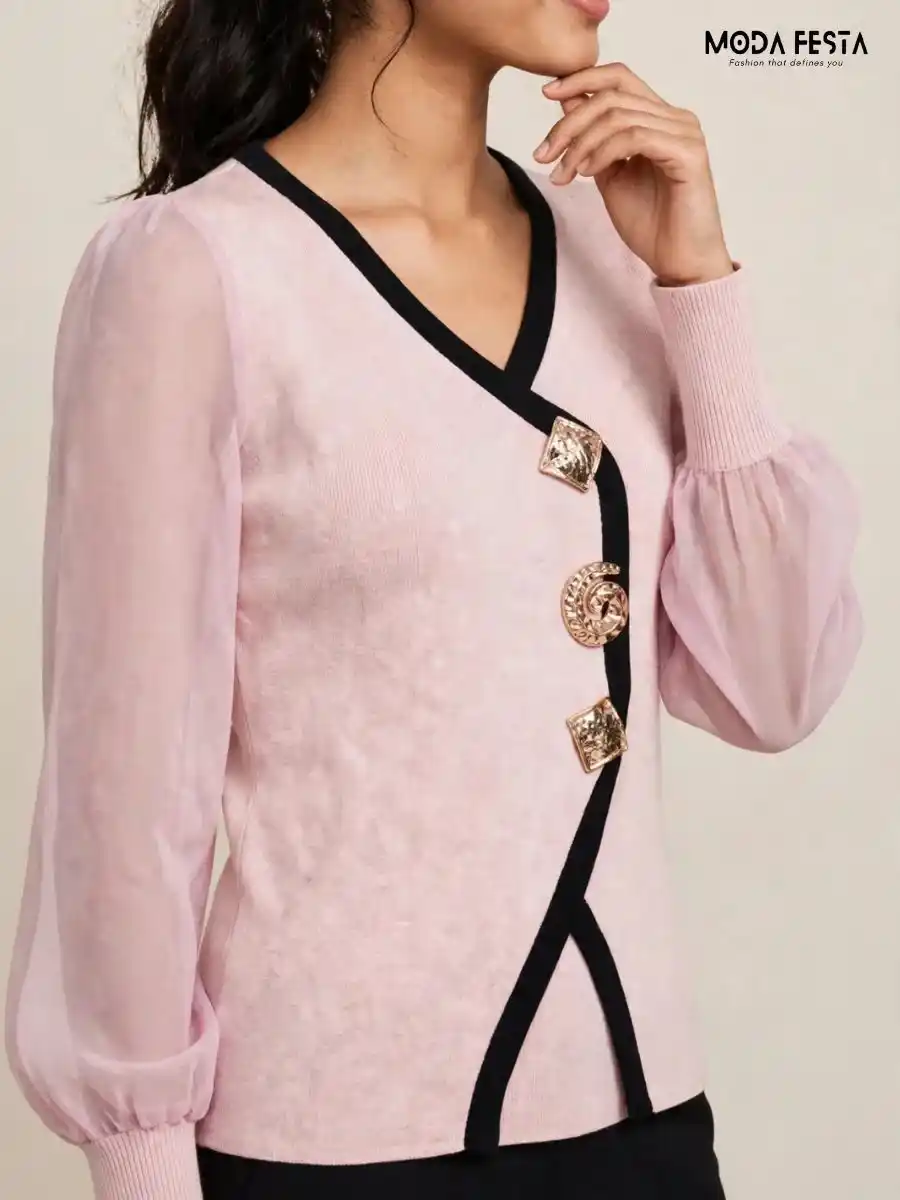 ModaFesta -light-pink-black-contrast-trim-asymmetric-statement-top