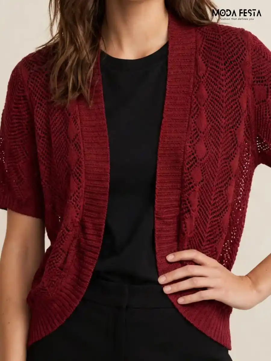 Maroon Open-Front Crochet Shrug