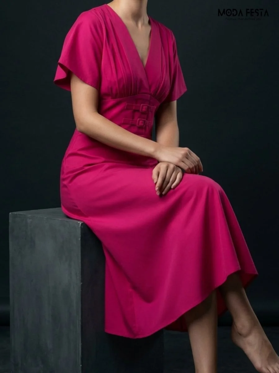 ModaFesta -fuchsia-pink-v-neck-midi-dress