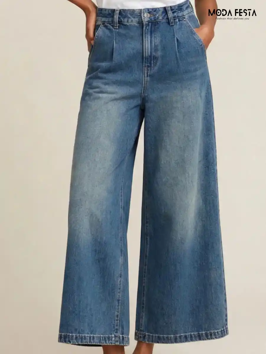 Blue Pleated Wide-Leg Jeans
