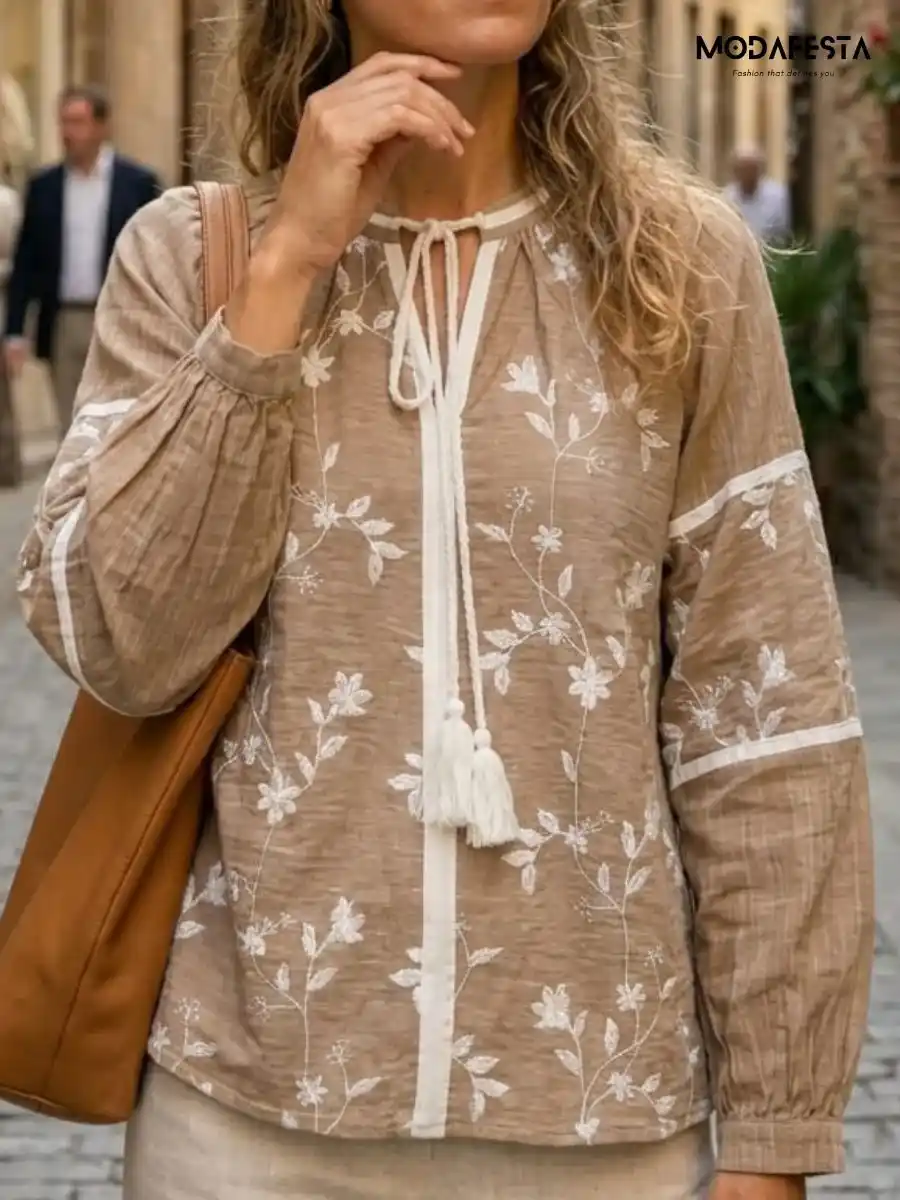ModaFesta -elegant-floral-embroidered-v-neck-top-beige