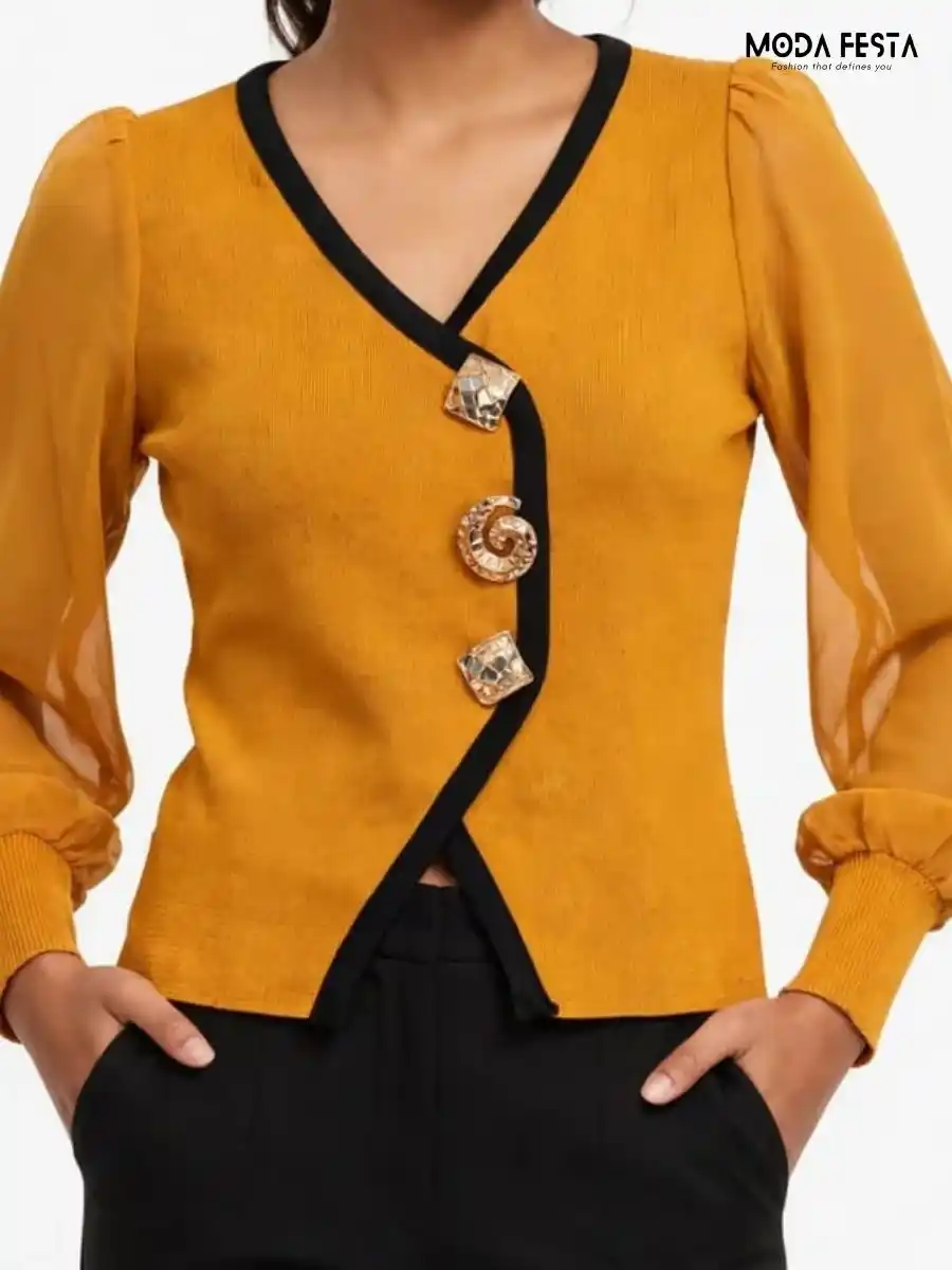 Mustard & Black Contrast Trim Asymmetric Statement Top
