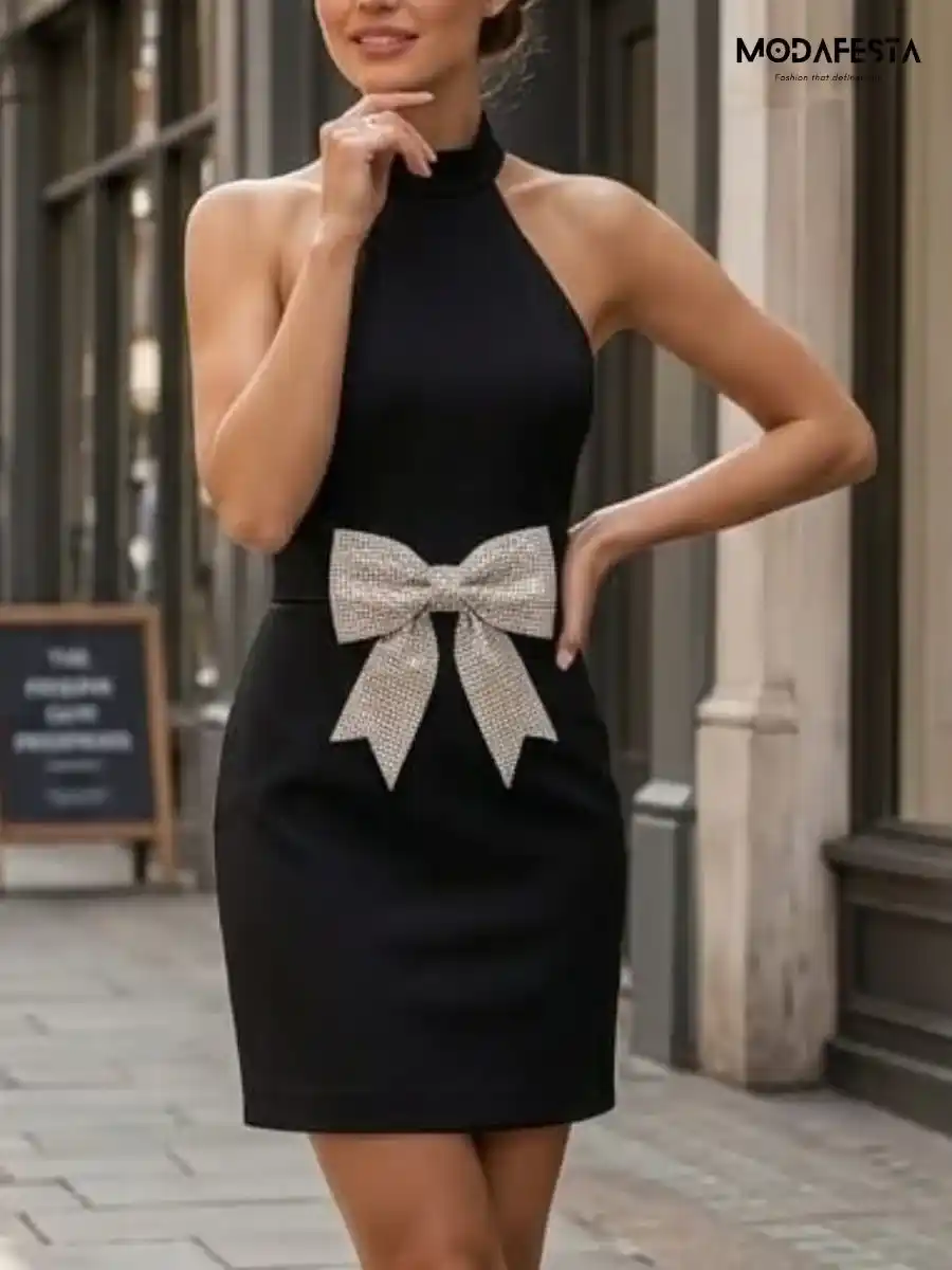 ModaFesta -elegant-halter-neck-rhinestone-bow-dress-black