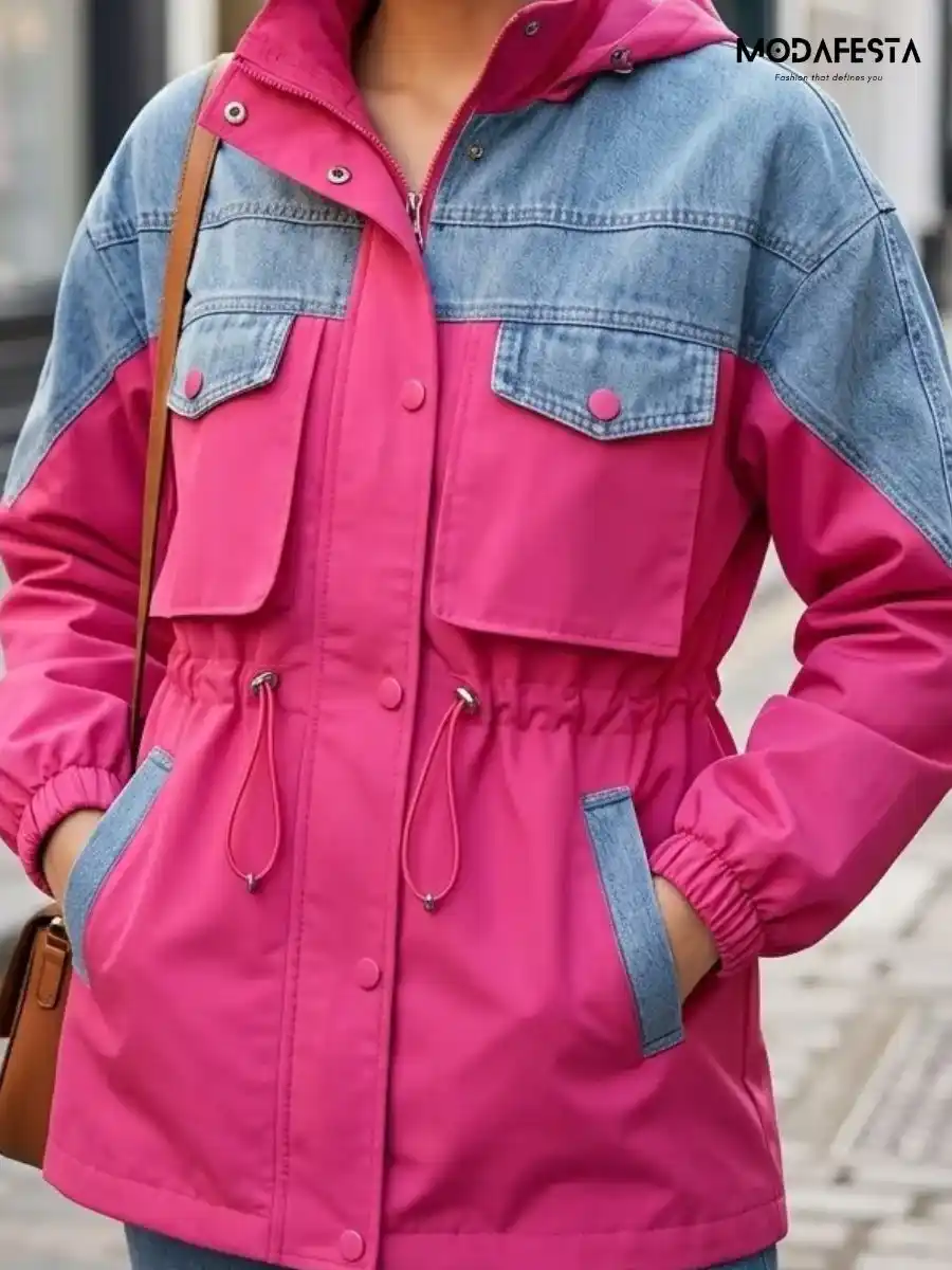 ModaFesta -elegant-denim-with-parachute-fabric-hoodie-jacket-pink