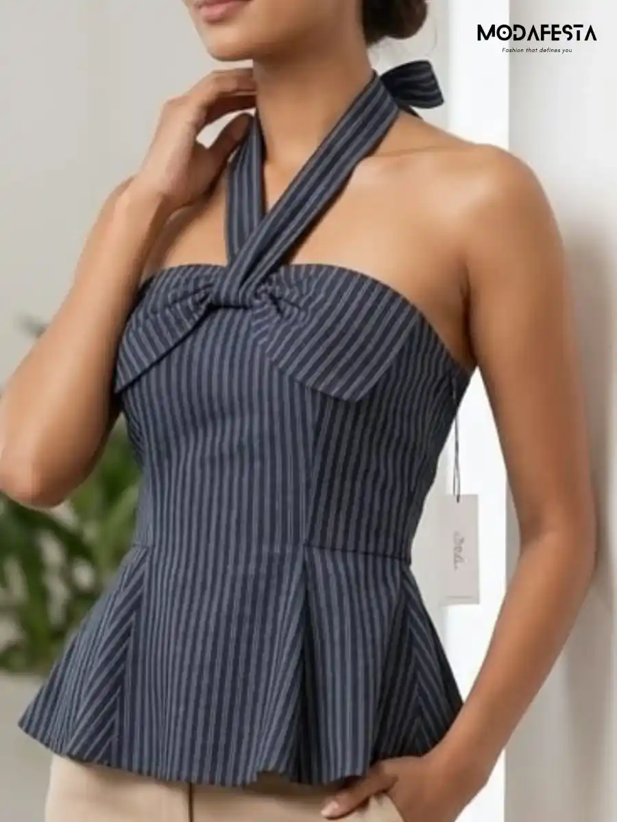 ModaFesta -elegant-stripe-halter-neck-top-navy-blue