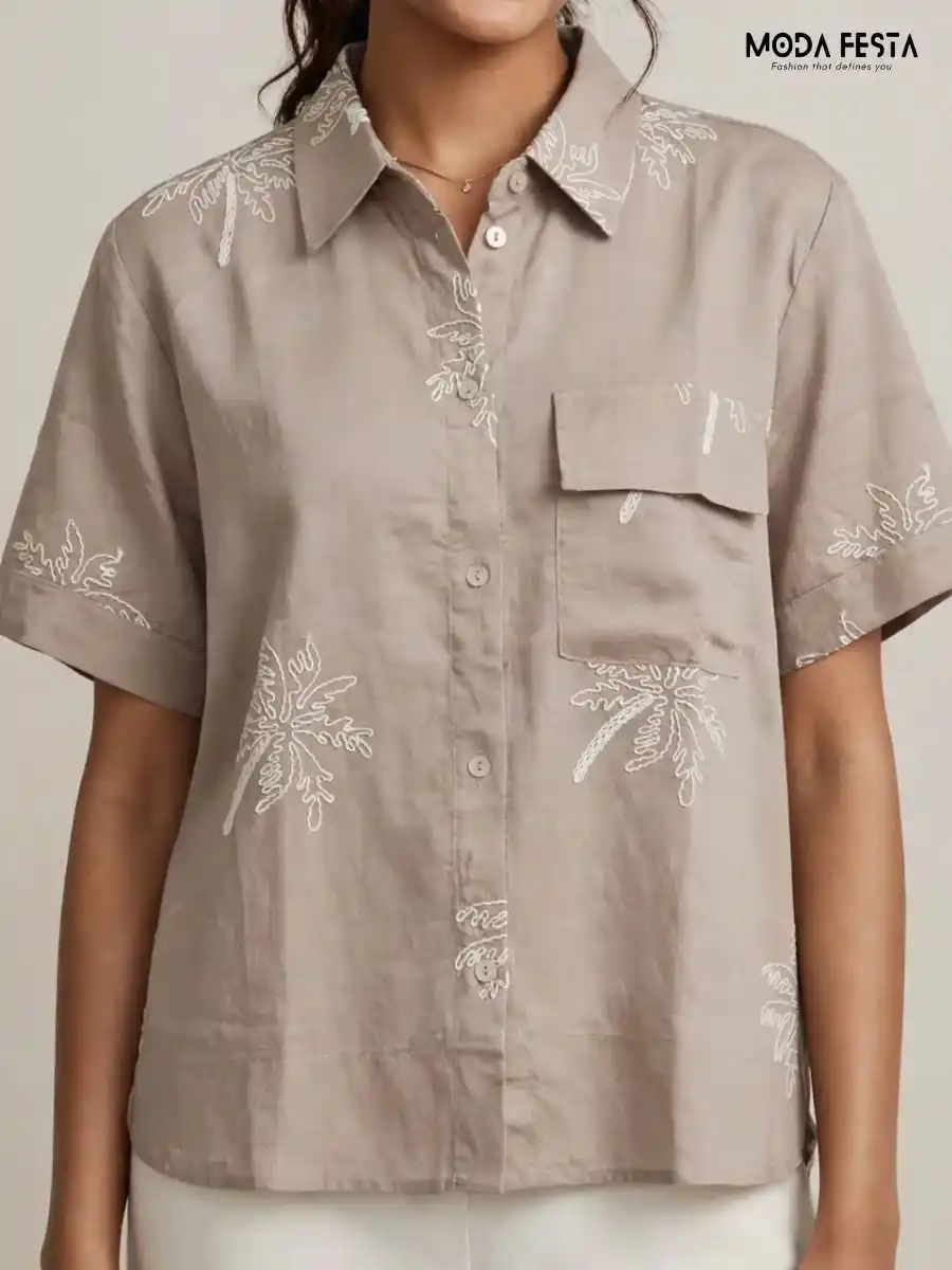 Taupe Palm Tree Embroidered Casual Shirt