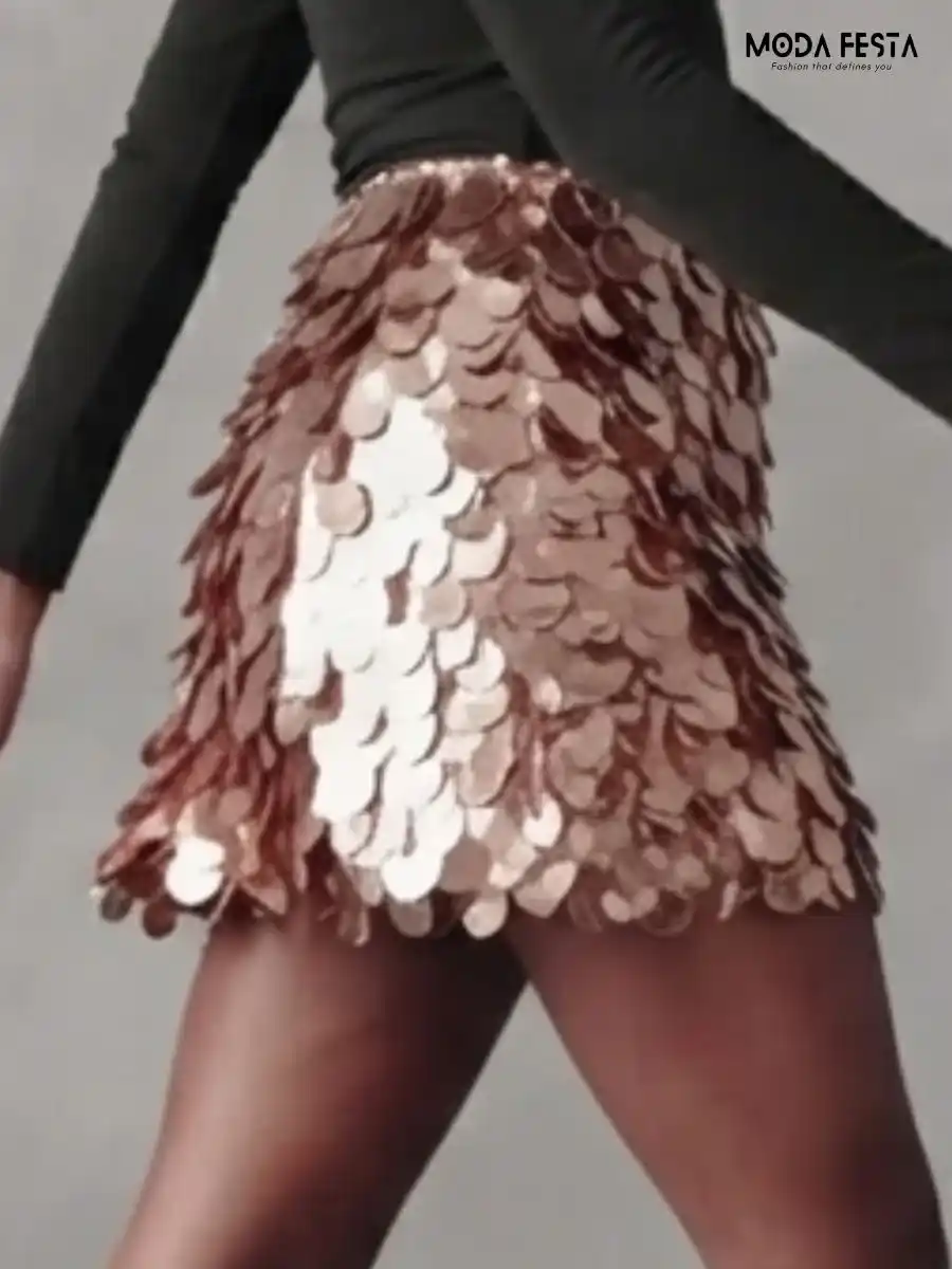 ModaFesta -rose-gold-sequin-embellished-mini-skirt