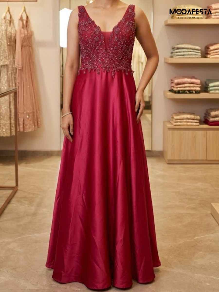 Elegant V-Neck Embellished A-Line Party Gown.