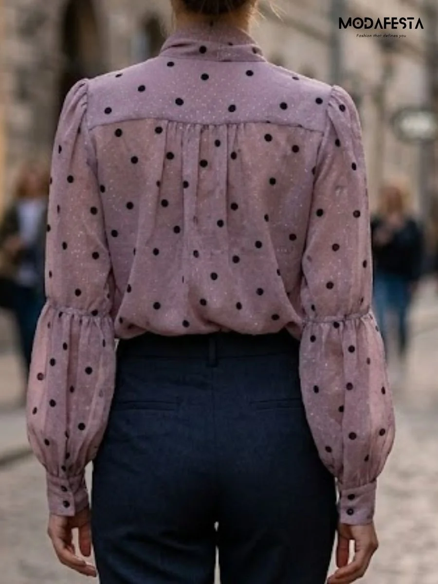 ModaFesta -elegant-chiffon-polka-dot-shirt-tie-up-neck-lilac