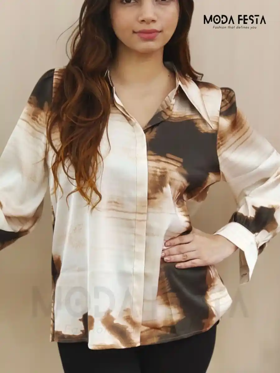 ModaFesta -tie-die-print-satin-shirt-brown