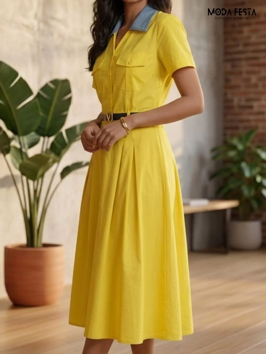 ModaFesta -yellow-button-down-shirt-dress-with-a-denim-collar