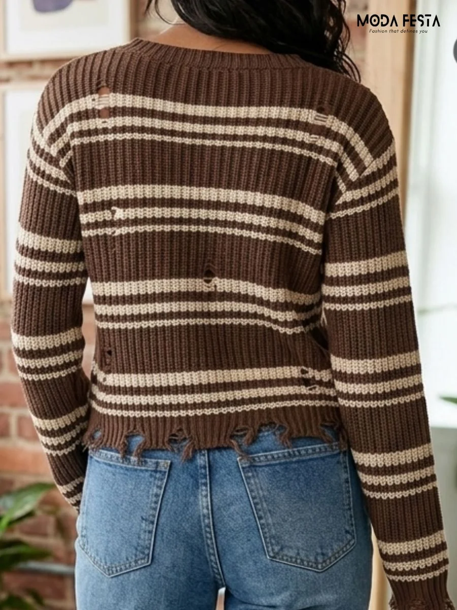 ModaFesta -distressed-striped-knit-sweater