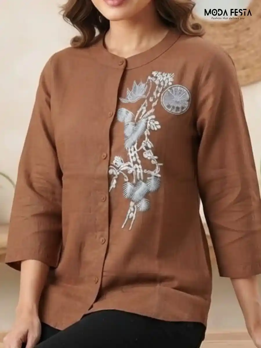 ModaFesta -brown-mandarin-collar-embroidered-button-down-shirt