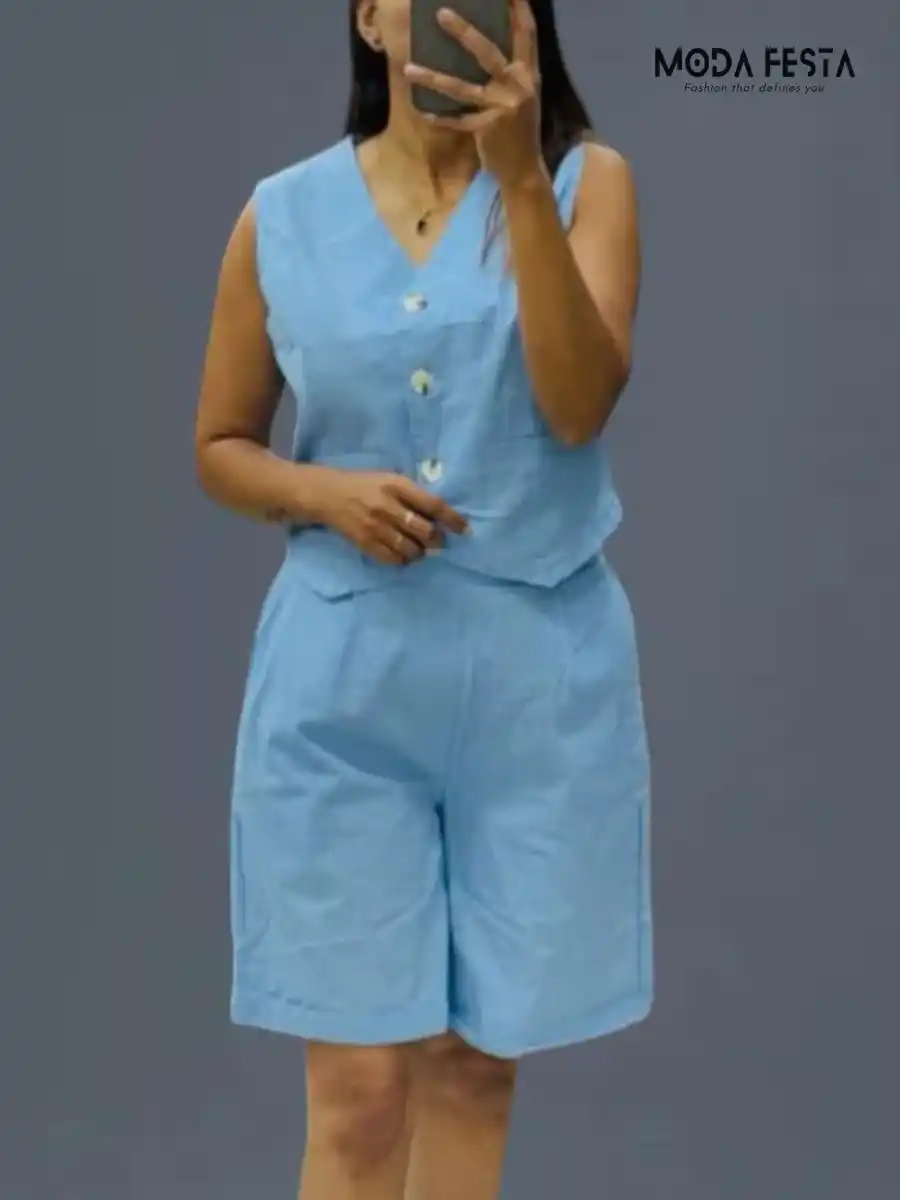 ModaFesta -waist-coat-with-short-linen-coord-set-blue