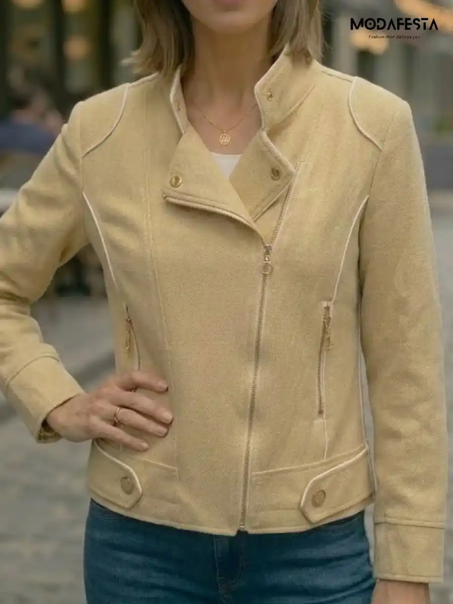 ModaFesta -beige-asymmetric-zipper-biker-jacket