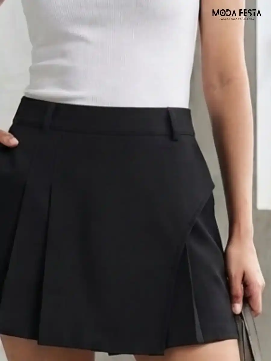 ModaFesta -solid-high-waist-pleated-asymmetrical-skort