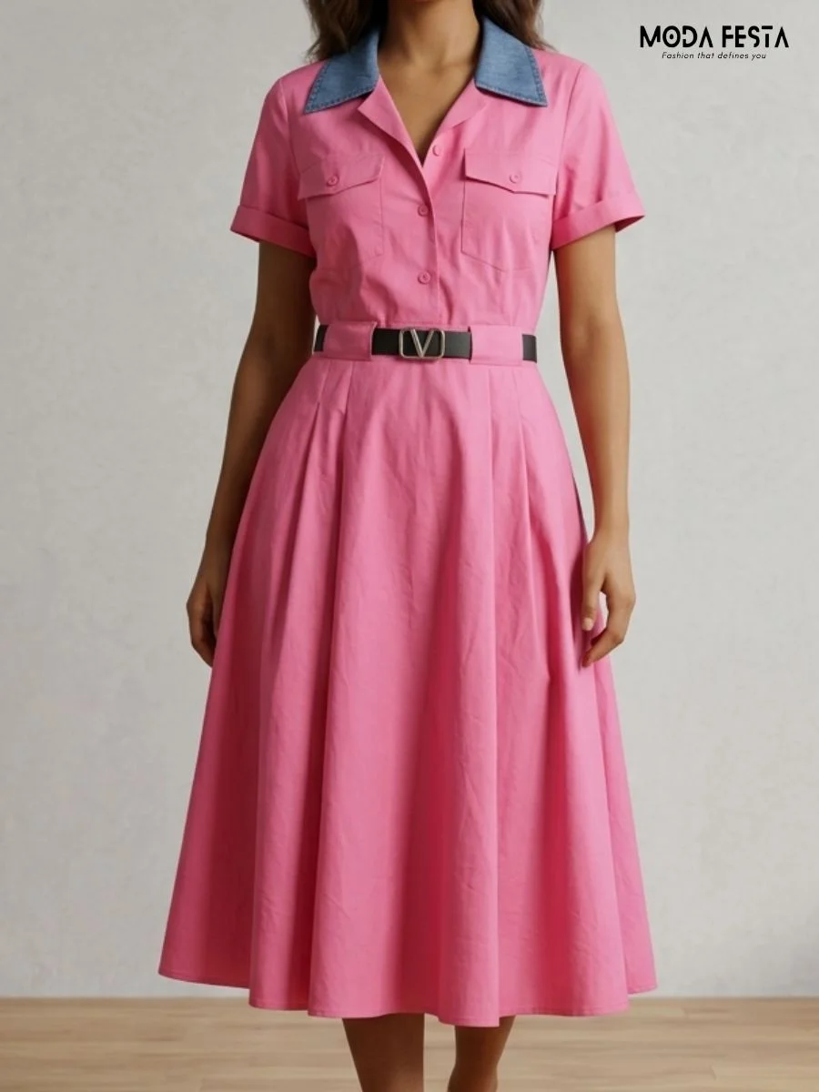 A button-down shirt dress with a contrasting denim-style collar chest pockets short sleeves and a detachable belt at the waist