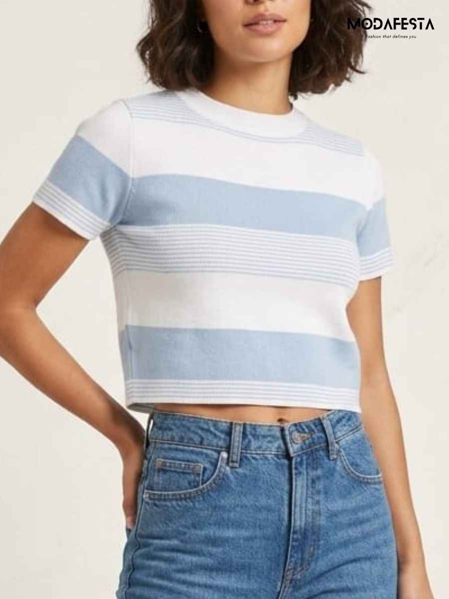 Elegant Blue And White Striped Crop T Shirt