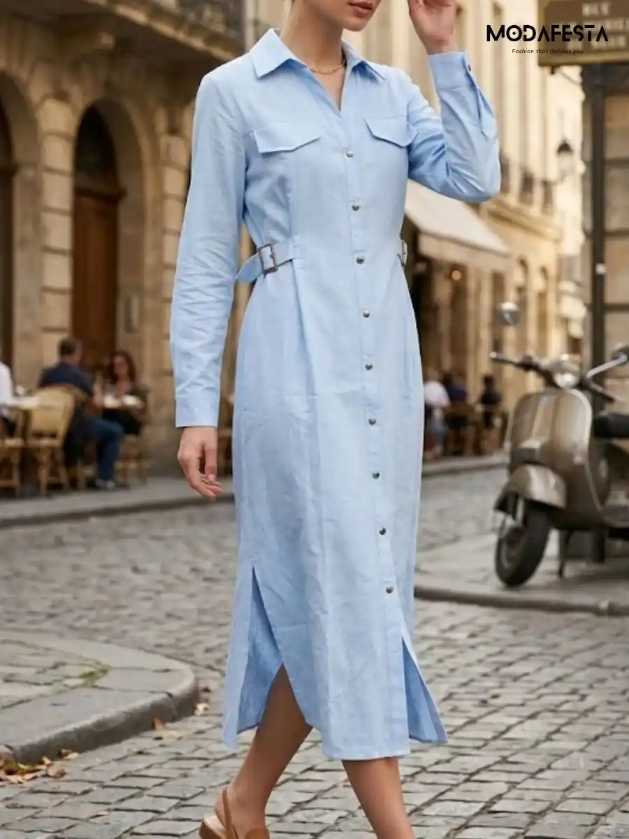 ModaFesta -elegant-cotton-dress-side-belt-style-sky-blue