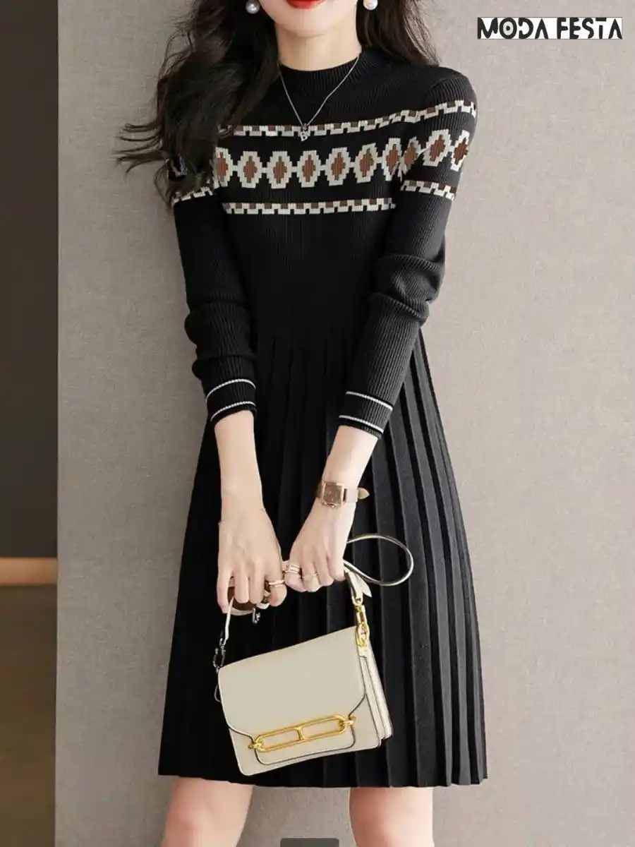 ModaFesta -elegant-knitted-a-line-pleated-dress-black