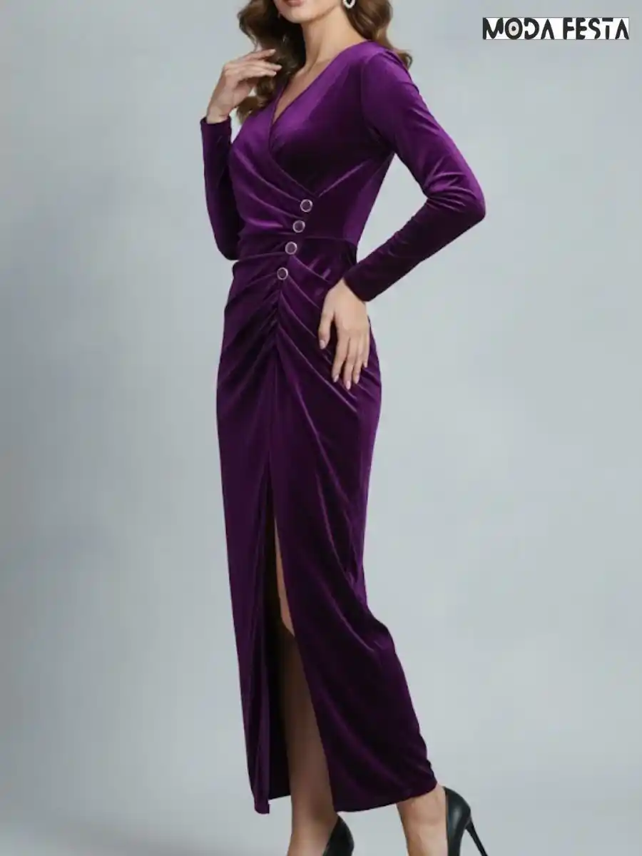 ModaFesta -stylish-ruched-slit-velvet-dress-purple