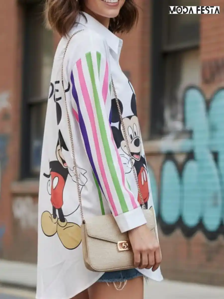 ModaFesta -elegant-disney-print-stripes-shirt-white